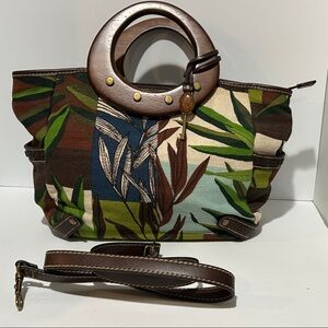 Fossil Vtg “Key Per”Tropical Print Canvas Handbag with Wooden Ring Handles